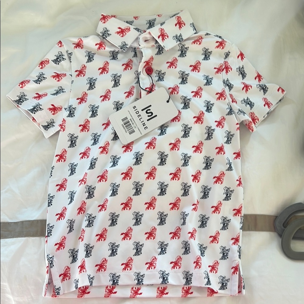Sideline Kids' White Polo with Red & Navy Crab Print